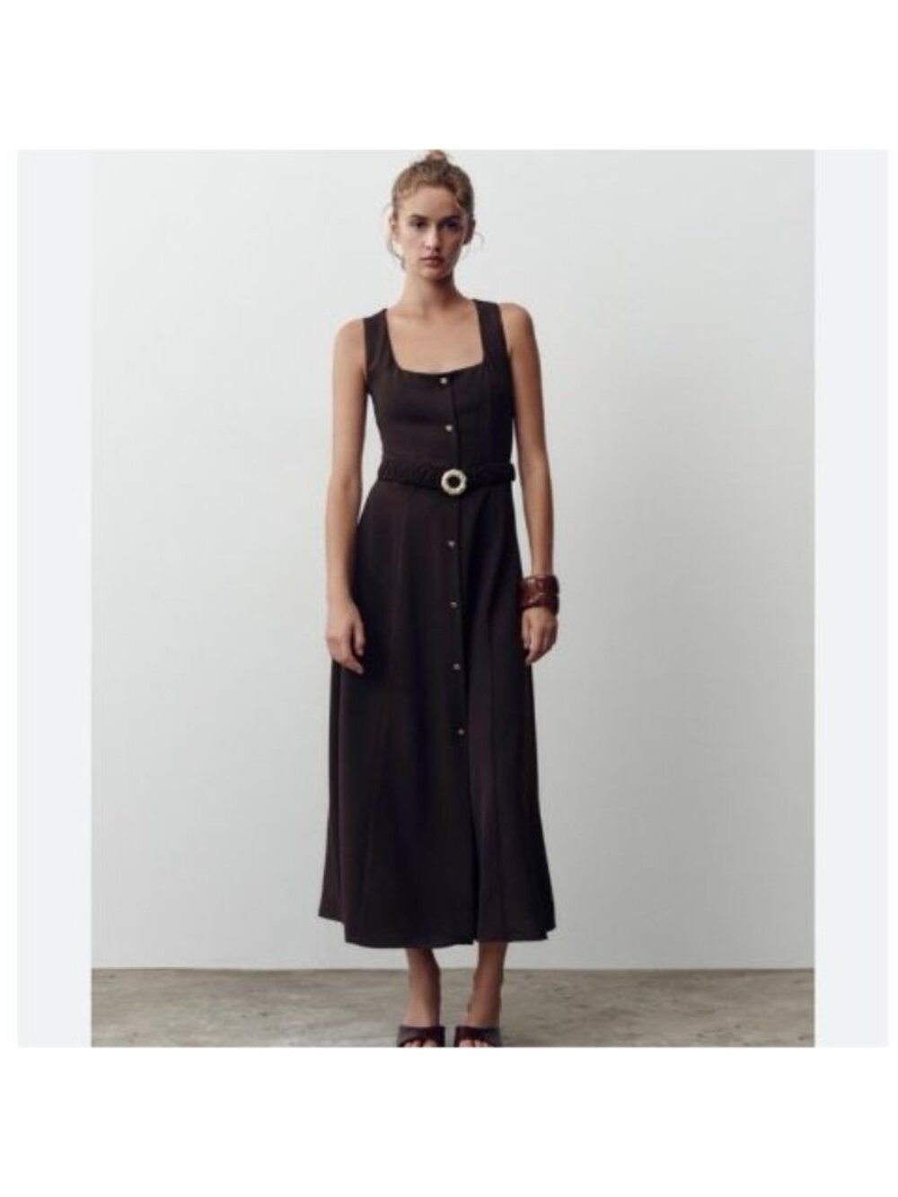 NWOT Zara Brown Belted Midi Dress Sleeveless Button Front A-Line Size Small